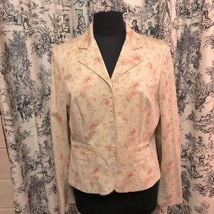 Chaps Cotton Blazer Jacket Floral Roses L Boho Cream Pink EUC